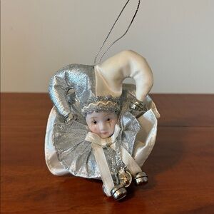 VTG Jester Head Christmas Ornament with bells silver white
